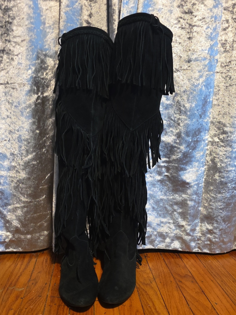 Sam Edelman Genuine Suede Black Fringe  Knee High Boots Size 9